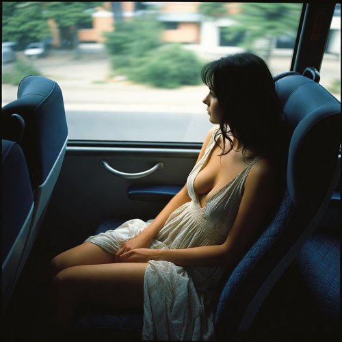A brunette teen in a dress, braless with visible cleavage, on a public bus.
