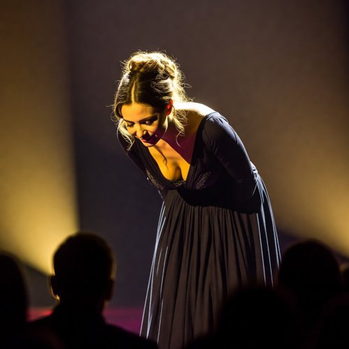 A middle-aged actress in a dress, braless, showing cleavage.