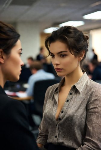 A brunette teen woman in a blouse, braless with visible cleavage.