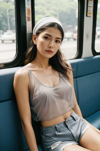 A brunette Asian woman wearing a braless, see-through tank top on a public bus.