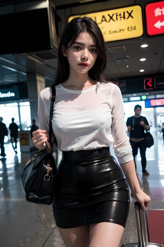 A brunette woman wearing a blouse, braless, in a public setting.