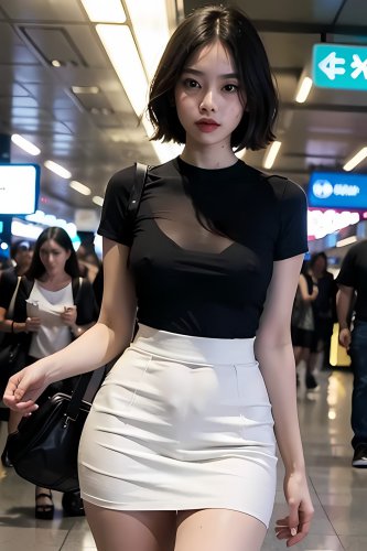 A brunette Asian woman with short hair, wearing a blouse without a bra, at an airport.