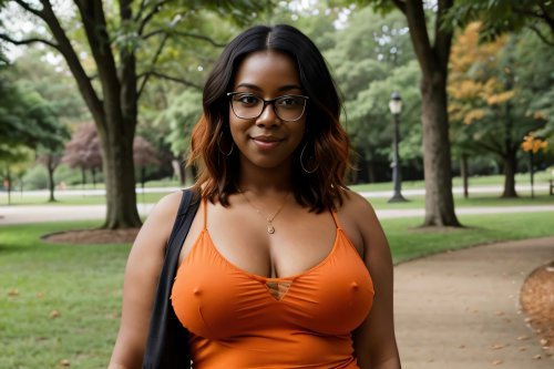 A chubby woman with black hair, wearing a braless tank top in a park.