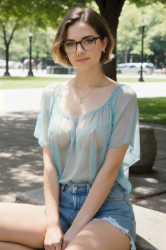 A woman with short hair wearing a see-through blouse without a bra, standing in a park.