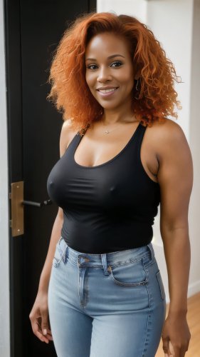 A redheaded woman with large breasts, wearing a black tank top without a bra.