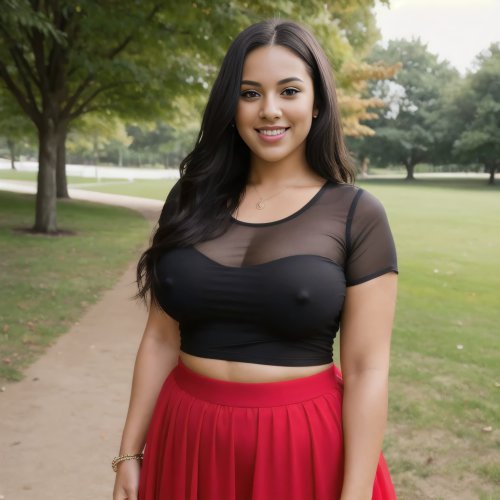 A chubby woman wearing a braless tank top in a public setting.