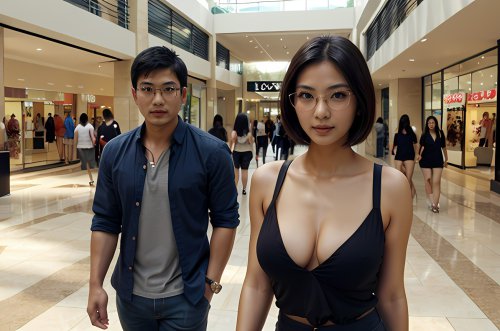 A brunette Asian woman with short hair and large breasts, wearing a dress and braless, showing cleavage in a public setting.