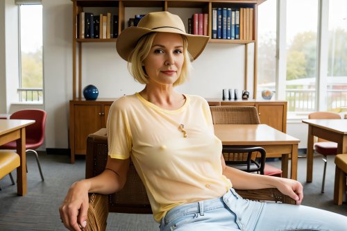 A mature woman with short hair wearing a see-through t-shirt without a bra.