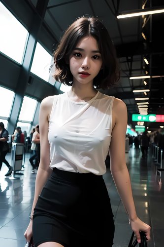 A young Asian woman with short hair, wearing a blouse without a bra, at an airport.