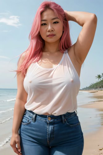 A chubby Asian woman in a blouse, braless, on a beach.