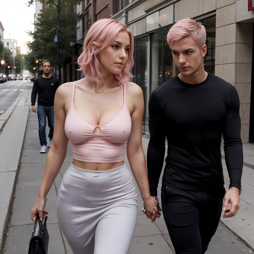 A woman, braless, walking down a public street.