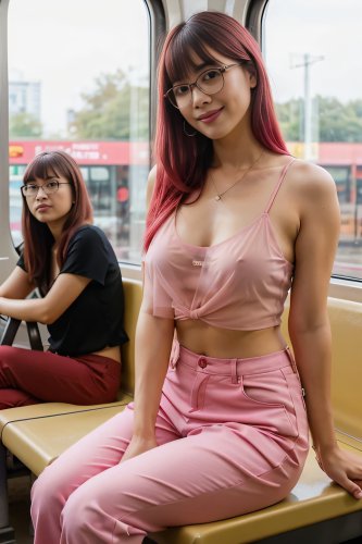 A red-haired Asian woman wearing a braless, see-through tank top.