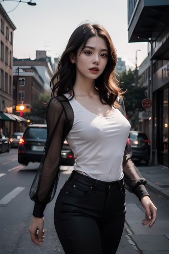 An Asian woman, braless in a white top, walking down a city street.