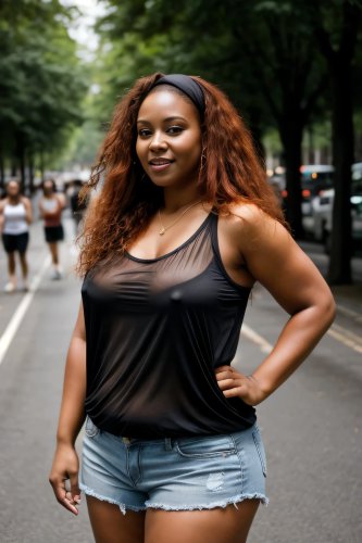 A woman in a black, see-through blouse, braless, standing on a street.