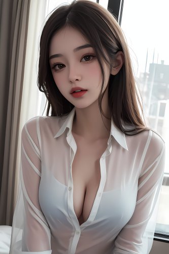 A young Asian woman wearing a blouse, braless with visible cleavage.