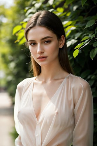 A brunette teen woman wearing a see-through blouse without a bra.